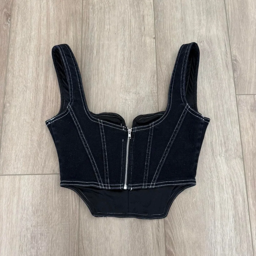 Deep V Neck Sleeveless Corset Corp Top Bustier Y2K Denim Zip size XS